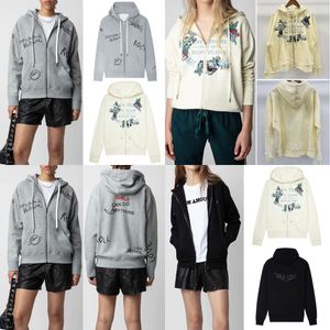 24SS Zadig Voltaire Damen Kapuzenpullover, Designer-Reißverschlussjacke, Baumwoll-Sweatshirt, Graffiti-Muster, Plüsch-Sweatshirt