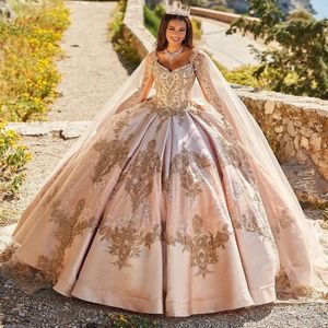 Rosa glänzende Quinceanera-Kleider, Applikationen, Spitze, Perlen mit Umhang, Ballkleider, Prinzessin, süßes 16-Kleid, Schnürung, Vestidos de 15