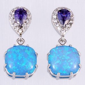 Kolczyki Dangle Kongmoon Pear Purple CZ 10x10 Ocean Blue Fire Opal Cabochon Srebrna biżuteria dla kobiet Kropka piercingowa