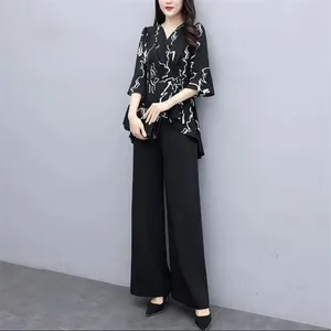 Women's Two Piece Pants Women Sets Two-piece Set Loose Printing Pullover Half Sleeve Tunic Pattern Casual Blouses And Fashion Wide-leg Suit