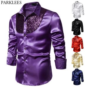 Camicie casual da uomo Camicia di seta patchwork con paillettes viola Moda uomo stile occidentale in raso Camicie eleganti da uomo Disco Dance Stage Prom Costume 2XL 231129