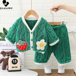 Pyjamas Kids Autumn Winter Cartoon Strawberry Clothing set Baby Thicken Warm Moft Flanell Pyjamas Girls Casual Sleepwear Pyjamas 231129