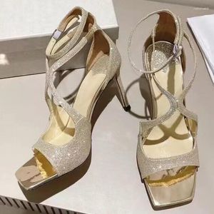 Sandalen Sommer Frauen Square Toe High Heel Runway Designer Knöchel Riemchen Sexy Dünne Bling Kristall Weibliche Party Kleid