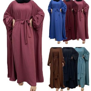 Etniska kläder 3st matchande Set Women Muslim Abaya Dress Dubai Arab Modest Outfit Islamic Plain Open Wrap Front Kjol Eid Ramadan