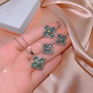 Solid 925 Silver Inlaid And Cultivated Emerald Four-Leaf Clover Necklace Ring Earring For Ladies Party Engagement Jewelry Gift KIS299x