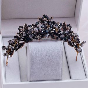 Barock handgjorda svarta kristallpärlor brud tiaras krona rhinestone diadem pageant slöja tiara pannband bröllop hår tillbehör y288m