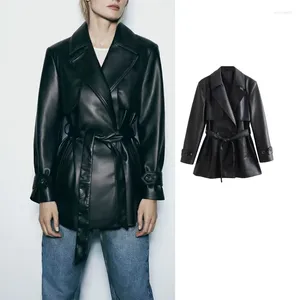 Женские плащи, пальто из искусственной кожи, осенняя мода 2023, с поясом для женщин, двубортная куртка, ветровка