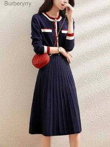 Basic Casual Dresses Autumn and Winter Waist Slimming Cover Belly Navy Blue Mid-length Bottoming Skirt 2022 New Small Fragrant Knitted Dress A-LINEL231130