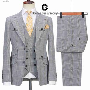 Mäns kostymer blazrar Cenne des Graoom 2022 Classic Glen Plaid 3-stycken Vintage Men Suits Winter Jacket Vest Pants skräddarsydd Business Office WeddingL231130