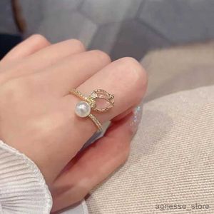 Bandringen Luxe Mode Tulp Bloem Parel Ringen voor Vrouwen Temperament Parel Zirkoon Verstelbare Opening Ring Elegante Bruiloft Sieraden R231130