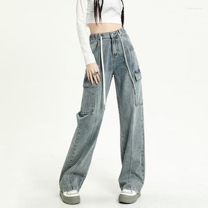 Kvinnors jeans kvinnors höghöjda last vår baggy bred ben flera fickor raka denim byxor mode koreansk kvinnlig vintage blå