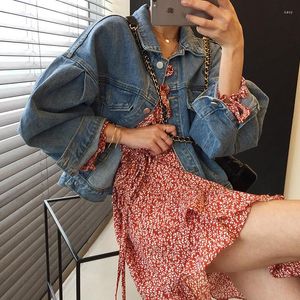 Damenjacken Jeansjacke Korean Chic Herbst Retro Allgleiches Einreiher Lose Bf Stil Kurzer Abschnitt Plissee Puffärmel Weiblich