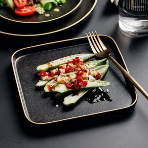 Plates Rectangle Ceramic Plate With A Gold Rim Home Dinner Restaurant Pasta Steak Black Frosted Fruit Square