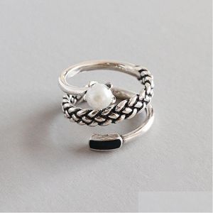 Charms New Sier Spiral Anelli di perle d'acqua dolce naturali Anelli per le donne 925 Sterling Tre strati Twist Knitting Finger Ring Bijoux Dro Dhg1Y