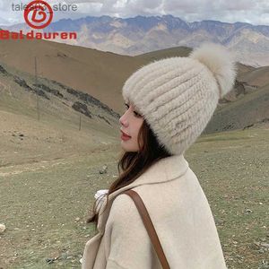 Beanie/Kafatası Kapakları Gerçek Mink Kürk Şapka Kadınlar İçin Yeni Marka Kalın Kadın Kürk Kapakları Kış Örgü Mink Beanies Fox Fur Pompoms Hat Q231130