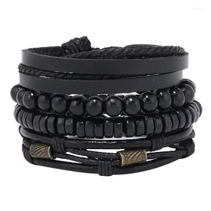 Pulseira moda vintage trançado envoltório pulseiras de couro para homens multicamadas contas de madeira artesanal corda pulseiras masculinas jewlery