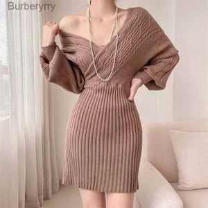 Basic Casual Dresses Autumn Winter Wrap Hip Womens Knitted Dress V Neck Long Sle Slim Fit Sexy Elegant Solid Color Cozy Pullover Vintage DressL231130