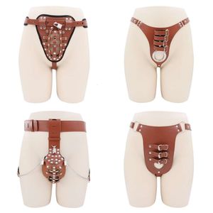 Massage Products Male Sexyy Leather Bondage Strap Belt Underwear of Erotic Justerable Chastity Cage trosor med kuk penisring för män sexiga leksaker