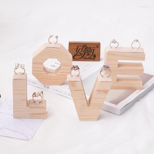 Jewelry Pouches Style Solid Wood Ring Display Holder Stand Word Love