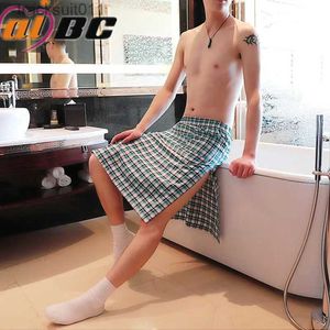 Men's Robes New arrive men s underwear Plaid nightdress cotton leisure home bathing skirt breathable sweat L231130