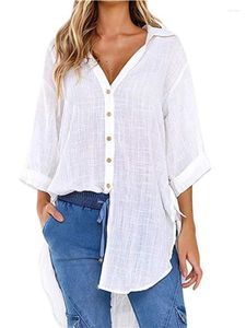 Camicette da donna Camicia di lino con maniche a 3/4 Donna Bottone bianco Colletto rovesciato Camicetta di cotone casual allentata Top da donna Camisas De Mujer 2023