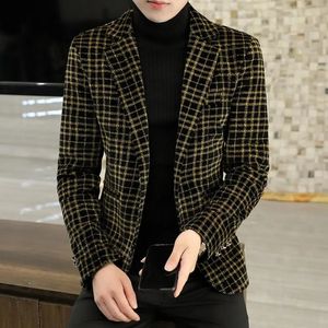 Abiti da uomo Blazer da uomo Blazer scozzese con risvolto in velluto di cristallo addensato giacca da uomo giovane bel cappotto scozzese business casual giacca da uomo 231130