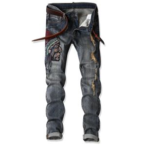 QNPQYX New Men's Jeans High Quality Fashion Indians Embroider Retro Ripped Slim Street Straight Jeans Plus Size AF1701
