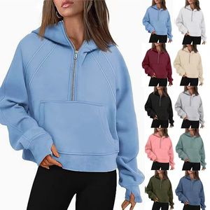 Autumn Winter Yoga Suit Scuba Hoodie Half Zip Womens Sport Loose Gym Jacket Fitness Short Plush Coat Sweatshirt Huven Pullover Women Lose Cardigan Jacet