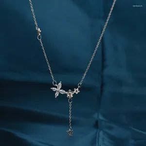Pendant Necklaces Shiny Zircon Flower For Women Girls Elegant Butterfly Tassel Clavicle Chain Silver Color Drop Choker Jewelry
