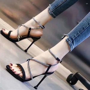 Dress Shoes 2023 Summer Women Sandals High Thin Heel Crystal Bling Evening Party Sexy Ladies Ankle Strap Heels