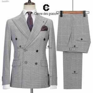 Herrdräkter Blazers Cenne des Graoom 2023 Classic Full Men's Suit Plaid 2 PCS Vintage Double Breasted Jacket Vest Pants for Office Business WeddingL231130