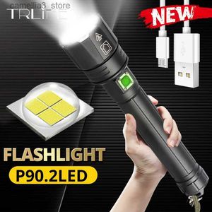 Torches NEW Powerful Lights XHP90.2 Ultra Bright 18650 LED Flashlight XLamp USB Rechargeable XHP70 Tactical Light 26650 Zoom Camp Torch Q231130