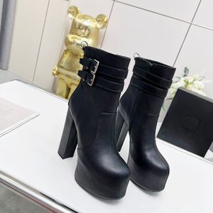 Stiefeletten, Plateaustiefel, runde Spitze, 14,5 cm hohe Stiefeletten, verzierte Schnalle, Reißverschluss aus echtem Leder, klobiger Stiefel, Luxus-Designer für Damen, Fabrikschuhe