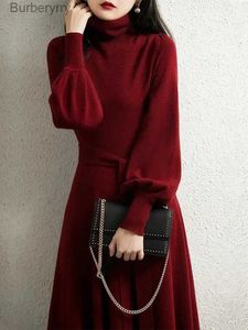 Basic Casual Dresses Turtleneck Women Warm Knit Sweater Dress 2022 Autumn Winter Lantern Sle Knitted Dress Bury Black Long Party DressesL231130