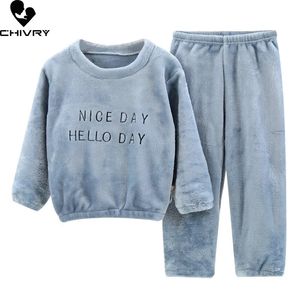 Pijamas crianças outono inverno flanela pijamas carta impressão manga longa o-pescoço tops com calças bebê meninos meninas pijamas conjuntos 231129