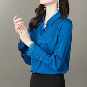 Women's Blouses Shirts Shirt Long Sleeve Tops Female Elegant Cloing Lace Stitng Silk Blouse Fashion Ladyyolq