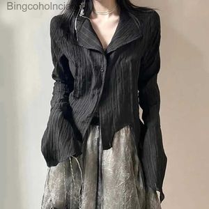 Damen-Blusen, Hemden, Gothic-Damen-Schwarz-Hemden, koreanische dunkle akademische Fe-Design, unregelmäßige Tops, Frühlingsmode, Streetwear, Y2K-Bluse, L231130