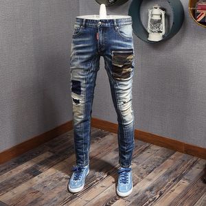 Jeans da uomo Mens Retro Streetwear Fashion Pantaloni punk strappati slim fit elasticizzati blu Tasche mimetiche Pantaloni in denim hip-hop firmati