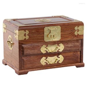 Smyckespåsar Rosewood Multi-Layer Box med Lock Solid Wood Antik imitation Kinesisk stil Bröllopshandlagring