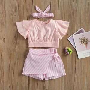 Klädset 2023 Baby Summer Kid 3st Outfit Stripe Suit Rund Neck Kort Pagoda Sleeve Top Kjol Like Shorts Hårband 1-5T