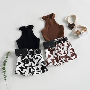 Clothing Sets Toddler Girls Summer Outfit Solid Color Sleeveless Halter Neck Ribbed Vest Tank Top Cow Print Shorts With Waist Bag 3PCS