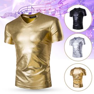 Camisetas masculinas Men Men Shiny Wet Look Manga curta T-shirt Top Top Slim Fit Stage Dancing Show Disco Rave Party Night Club Tee Clubwear