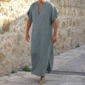 Ethnic Clothing Men's Jubba Thobe Kaftan Muslim Arab Islamic V-neck Short Sleeve Solid Cotton Linen Robes Fashion Arabia Man Abaya