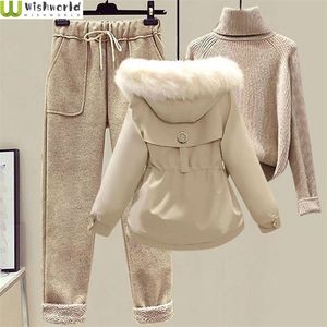 Women s Two Piece Pants Autumn and Winter 2023 Korean Version Students with Wool Collar Down Cotton Coat Woolen Casual Fashion Suit 231129