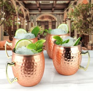 Moscow Mule Mugs Large Size 19oz 530ml Hammered Cups Stainless Steel Lining Pure Copper Plating Gold Brass Handles 3.7 inches Diameter x 4 inches Tall FY4717