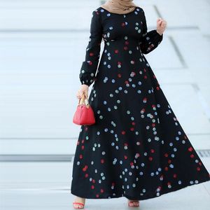 Etnik Giyim Siyah Polka Dot Müslüman Maxi Elbise Kadın O boyun parti Uzun Kollu Abaya Türk Dubai Kaftan İnce Akşam Elbise Djellaba