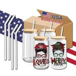 US Stock 16oz Sublimation Glass Mugs Clear Frosted Blanks 16 oz Tumblers Lids Straw Coffee Juice Soda Cups tt0327