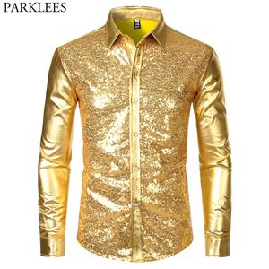 Camicie casual da uomo Camicia da discoteca dal design metallico con paillettes dorate lucide da uomo Manica lunga abbottonata Natale Halloween Bday Party Costume di scena 231129