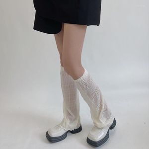 Women Socks Ladies Kawaii Thin Folds Wrinkled Seersucker White Lace Anti-mosquito Calf Wide-leg Leg Cover