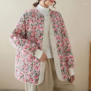 Trench da donna Cappotto invernale caldo di spessore Fiore da donna Parka corto Stampe di moda Piumino imbottito in cotone da donna Bottoni eleganti Vestiti 2023